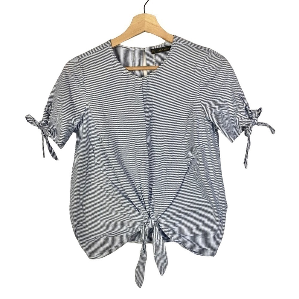 Zara Blue & White Stripe Tie Front Short Sleeve Blouse M
